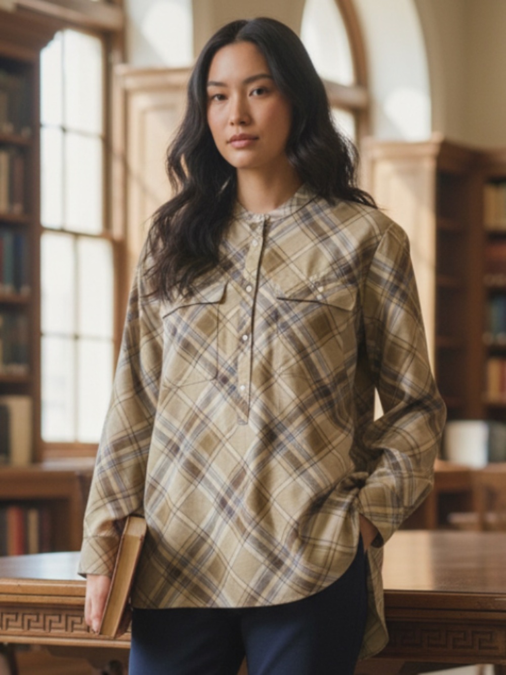 Ralph Lauren Shirt Top Tunic Blouse Sz XL 14 16 Tartan Plaid Tan Brown Silky